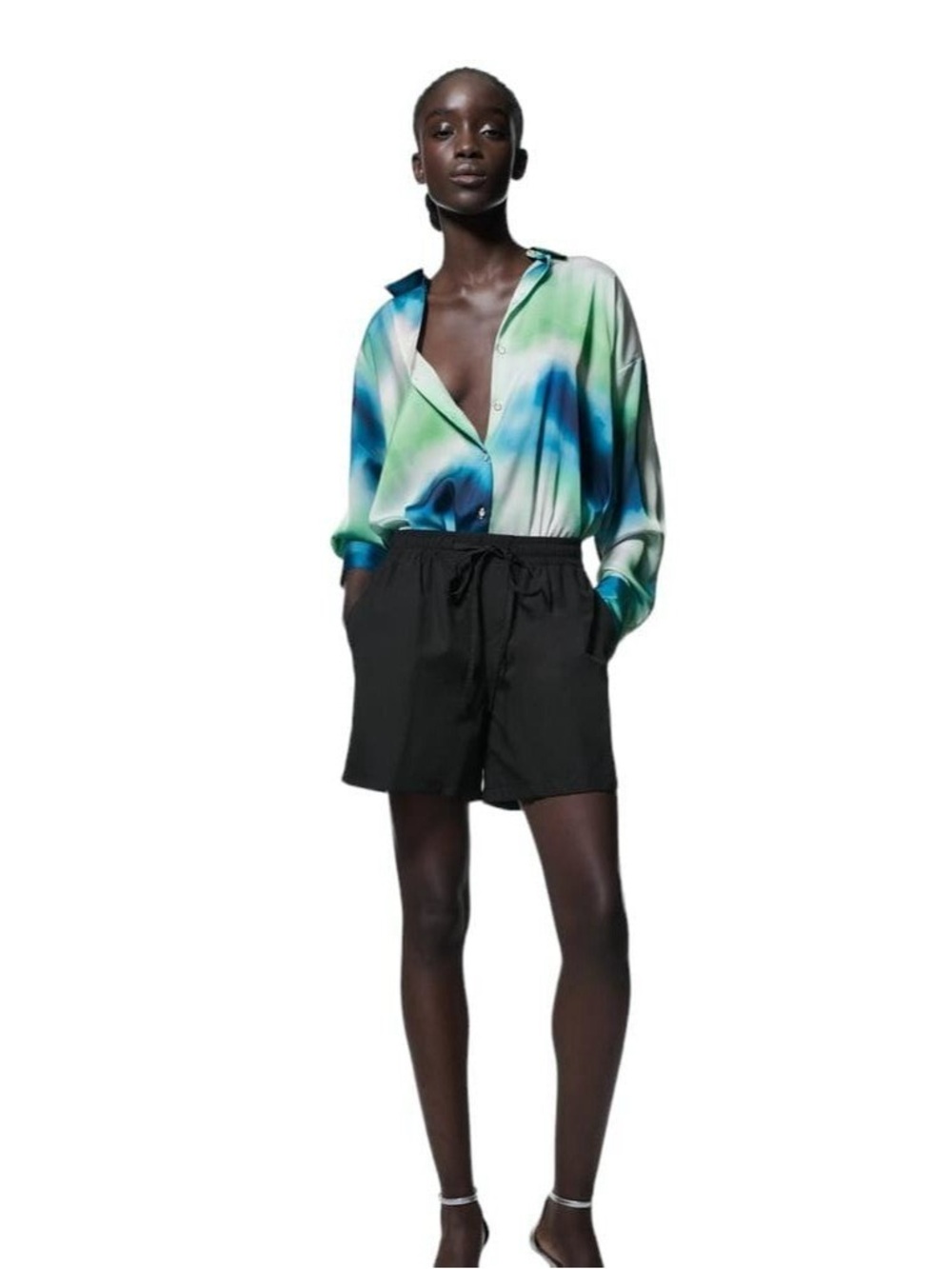 Zara Blue and Green Watercolor Button Down Shirt with gold hardware